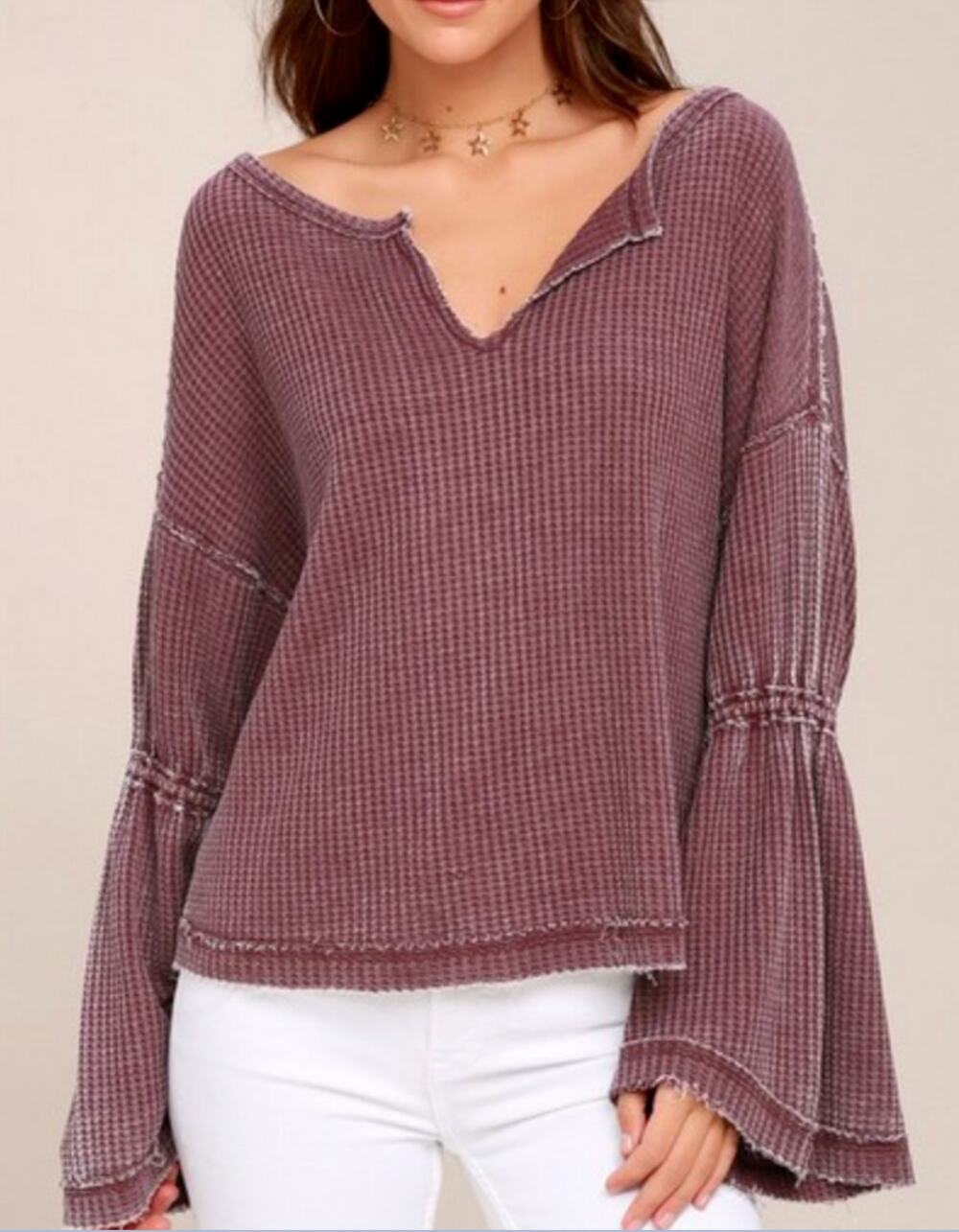 Free People Dahlia Long Bell Sleeve Thermal Waffle Knit Top Plum Maroon Small